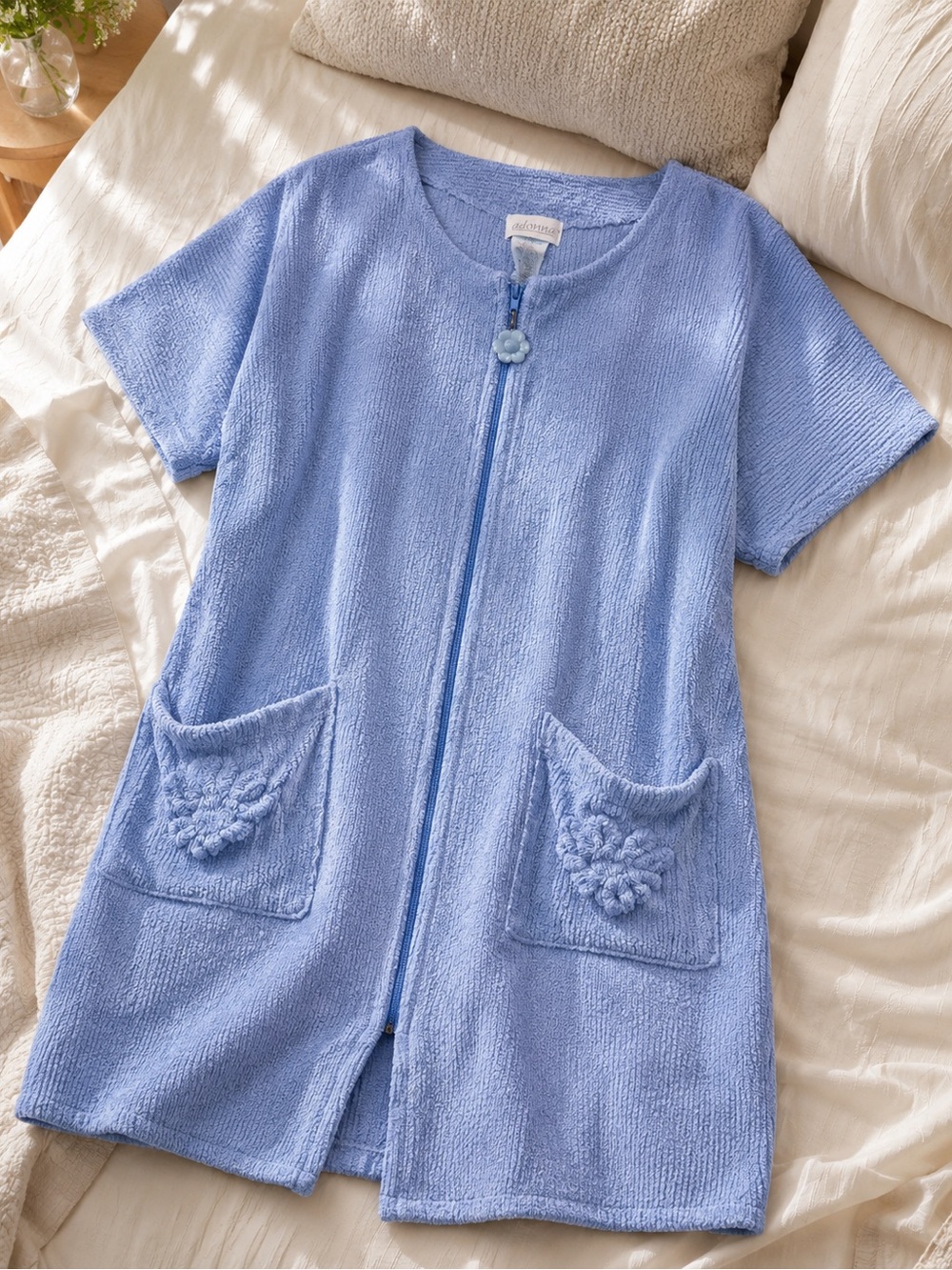 Vintage Adonna Blue Chenille Zip Front Housecoat Robe Dress Made in USA Medium